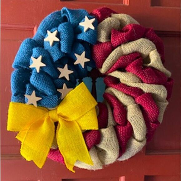 NEW Handmade Military Patriotic Support Our Troops Burlap Wreath Yellow Ribbon - Picture 1 of 4
